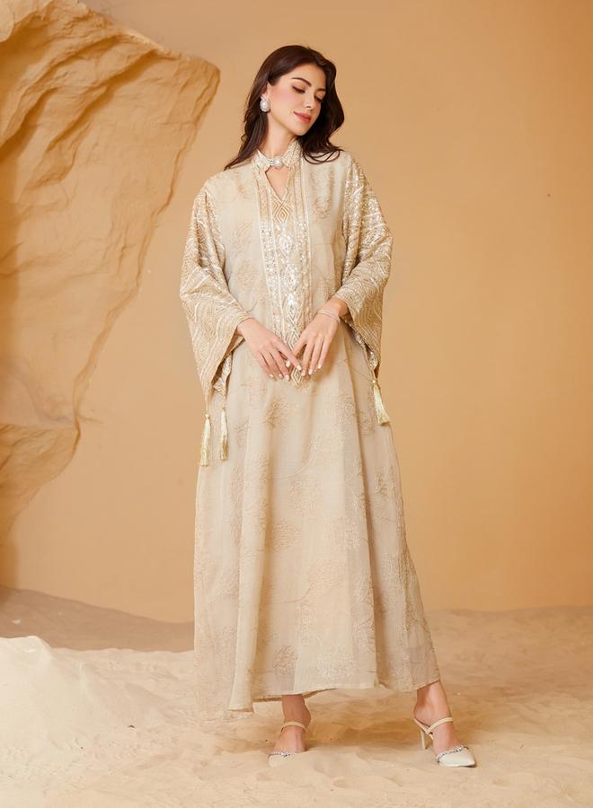 Take Two Beige Textured Sequins Embellished Jalabiya - Image 4