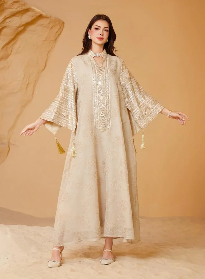Take Two Take Two Beige Textured Sequins Embellished Jalabiya