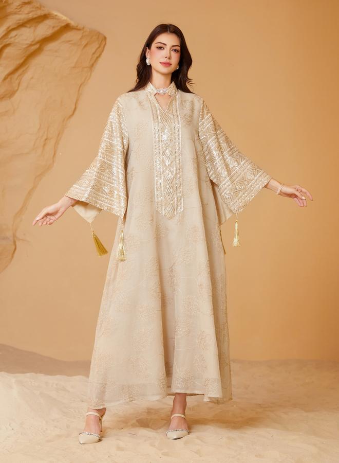Take Two Beige Textured Sequins Embellished Jalabiya - Image 1