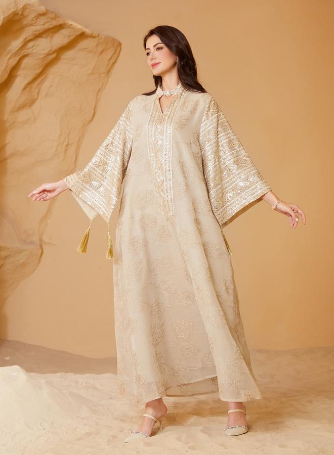 Take Two Beige Textured Sequins Embellished Jalabiya - Image 5