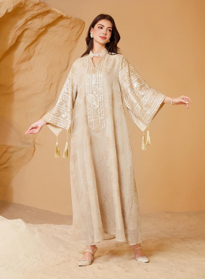 Take Two Beige Textured Sequins Embellished Jalabiya - Image 3