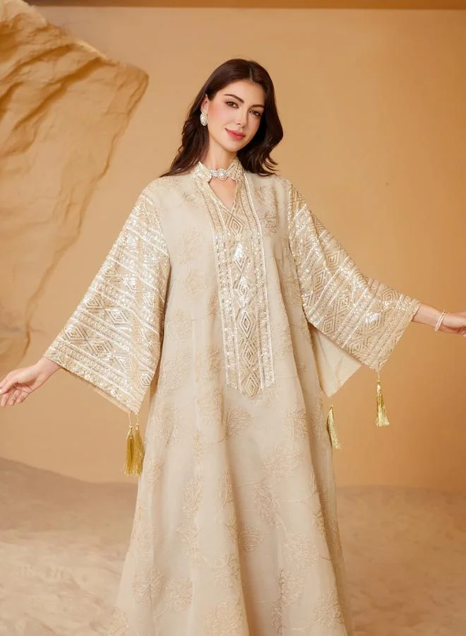 Take Two Take Two Beige Textured Sequins Embellished Jalabiya