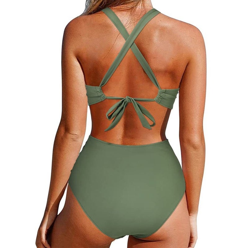 2022 One-Piece Swimsuit Leopard Stitching One-Piece Cross Swimsuit New Leak Back - Image 5