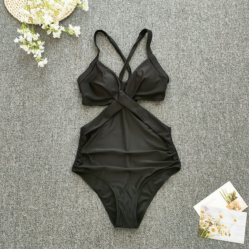 2022 One-Piece Swimsuit Leopard Stitching One-Piece Cross Swimsuit New Leak Back - Image 1