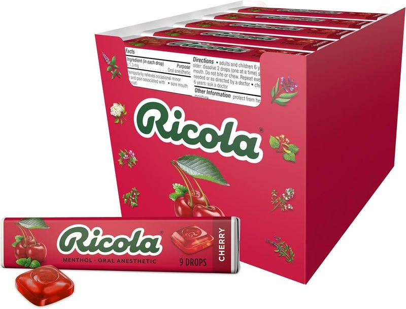 Ricola Cherry Throat Drops, 9 Count Stick (Pack of 20), Daily Drops For Delicious Throat Refreshment, Oral Anesthetic, Naturally Flavored