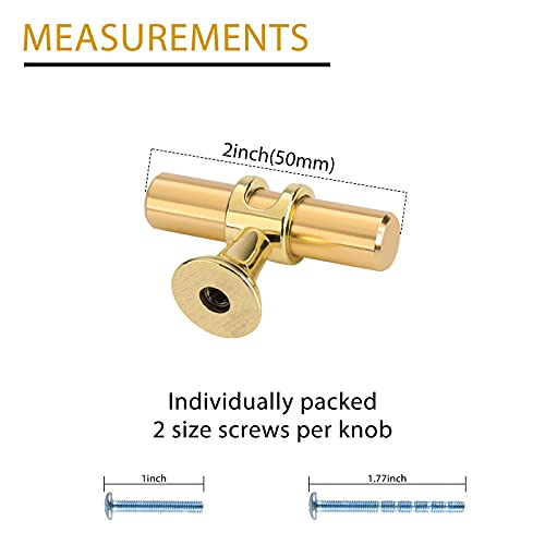 Lontan 10 Pack Gold Brass Kitchen Cabinet Knobs - T Bar Solid Drawer Knobs - Single Hole - Brushed Brass for Dresser Drawers - Image 2