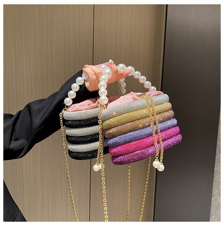 Evening Bag Metal Full Rhinestone Bucket Bag Women'S Rhinestone Dress Pearl Clutch Chain - Image 3