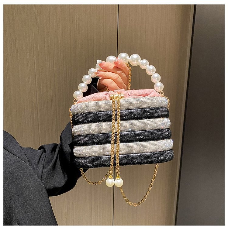 Evening Bag Metal Full Rhinestone Bucket Bag Women'S Rhinestone Dress Pearl Clutch Chain - Image 1