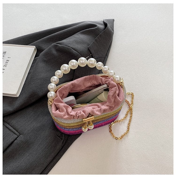 Evening Bag Metal Full Rhinestone Bucket Bag Women'S Rhinestone Dress Pearl Clutch Chain - Image 4