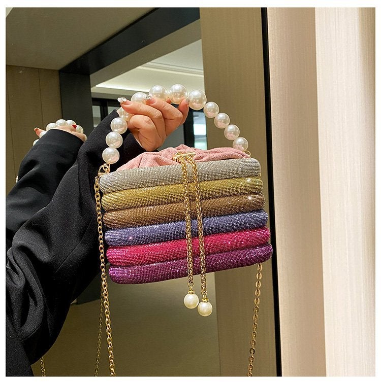 Evening Bag Metal Full Rhinestone Bucket Bag Women'S Rhinestone Dress Pearl Clutch Chain - Image 2