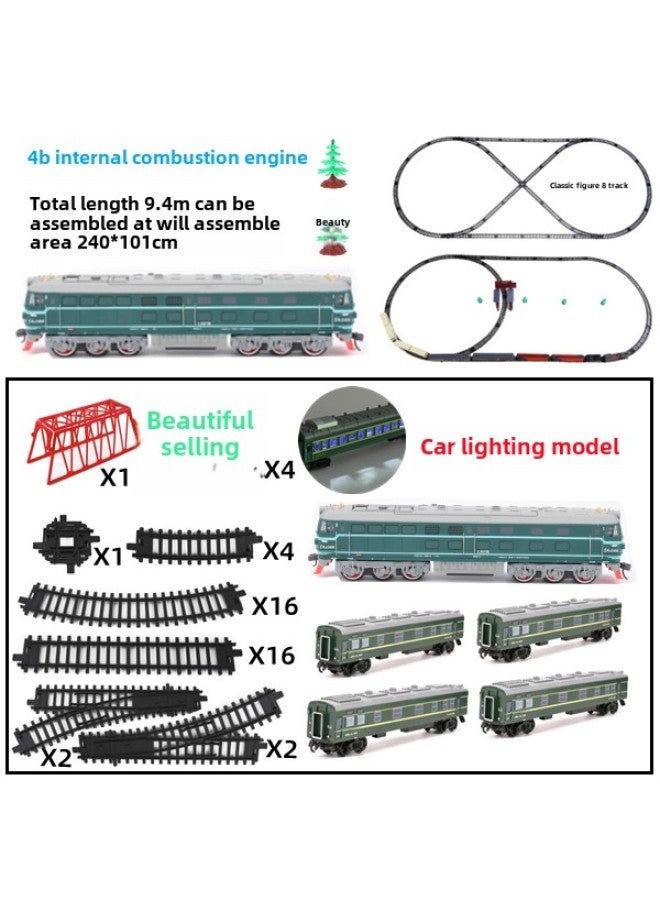 A18 Electric Green Leather Dongfeng 4B Internal Combustion Engine Train Track Luminous Carriage Toy High-speed Rail Train Suit Model-Color:Watermelon Head + 9.4m Track + 4 Green Bus Lighting Model-Scale:Ordinary Aa Battery - Image 1