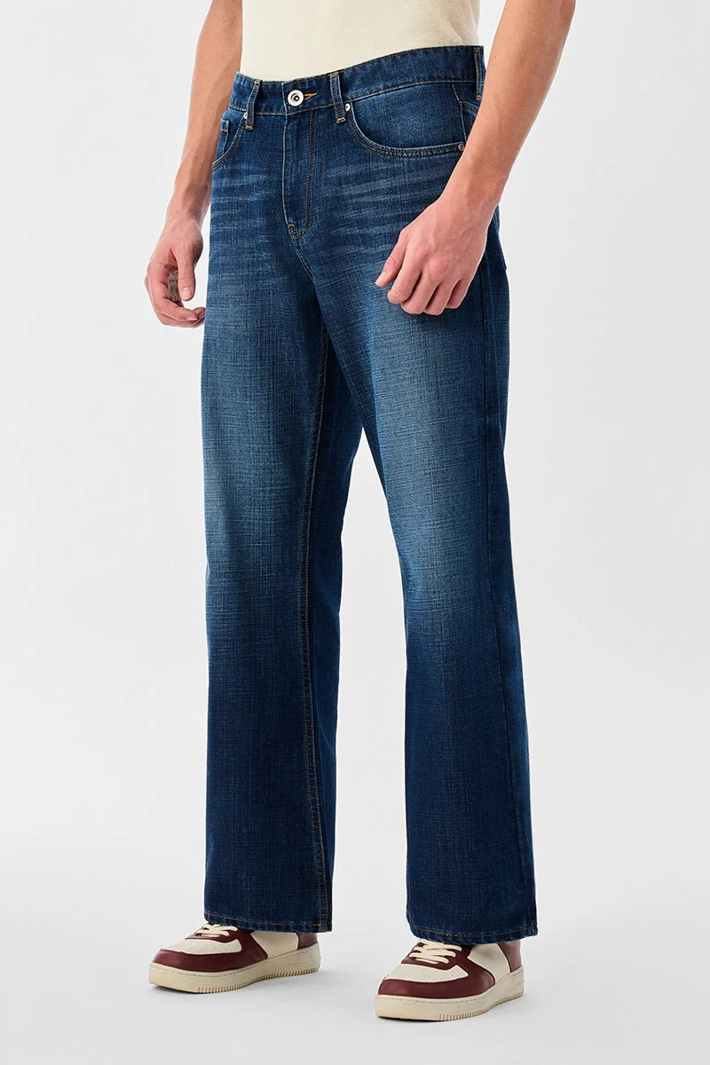 SNITCH Dark Blue Dark Blue Solid Flared Fit Casual Jeans for Men | Best Price UAE