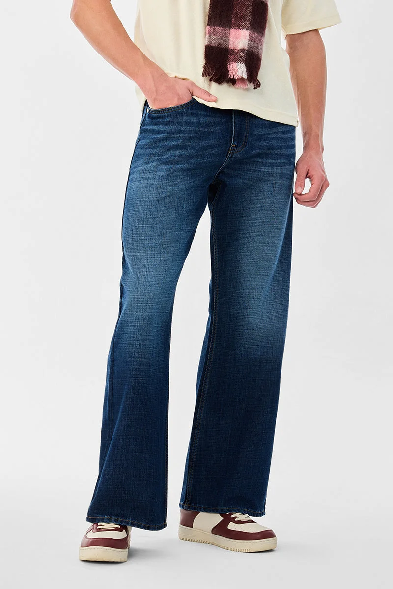 SNITCH Dark Blue Solid Flared Fit Casual Jeans