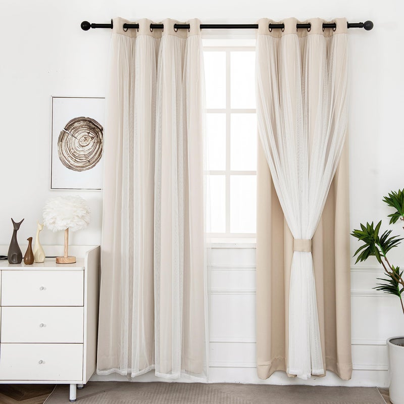 INLINAS Beige Blackout Curtains with Sheer Overlay - Grommet Top Thermal and Noise Reduction Panels for Bedroom and Living Room Light Blocking and Energy Saving  52 x 84 Inches  Set of 2 - Image 1