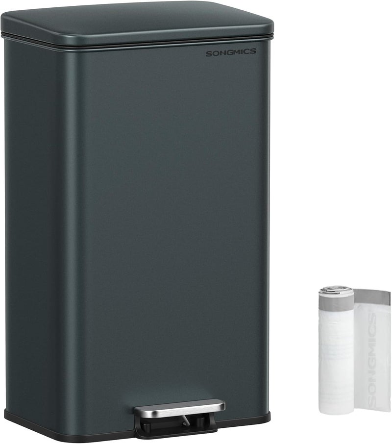 SONGMICS Kitchen Trash Can, 10.5 Gallon (40 L) Garbage Can, Large Step Trash Bin with Lid, Stainless Steel, Soft Close, 15 Trash Bags Included, Charcoal Gray - Image 1