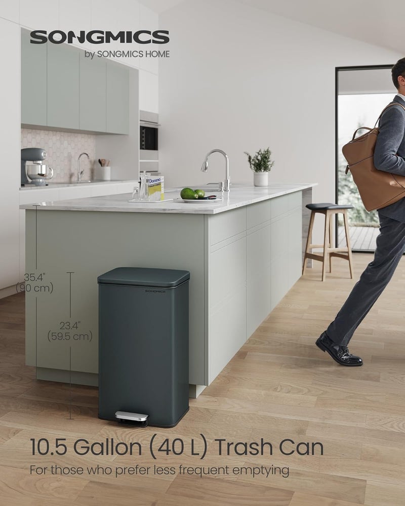SONGMICS Kitchen Trash Can, 10.5 Gallon (40 L) Garbage Can, Large Step Trash Bin with Lid, Stainless Steel, Soft Close, 15 Trash Bags Included, Charcoal Gray - Image 2