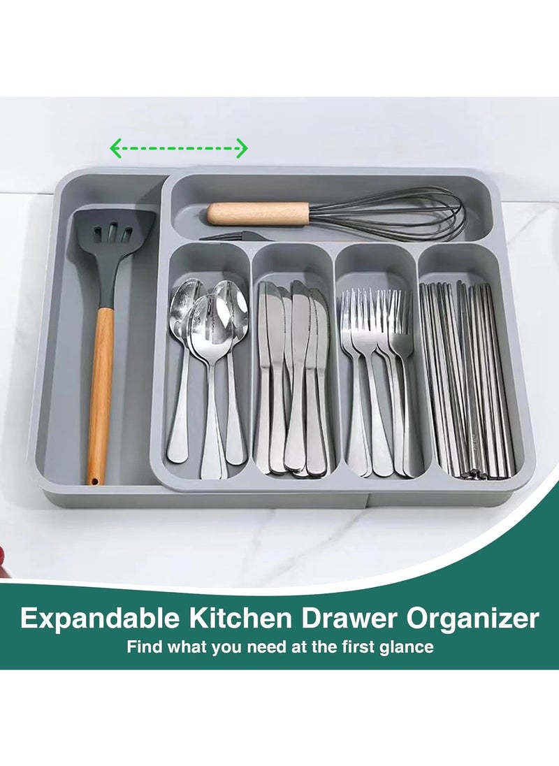 Silverware Drawer Organizer, Expandable Kitchen Drawer Organizer for Flatware and Utensils, Adjustable Silverware Organizer Cutlery Tray for for Forks, Spoons, Knives, 6 Compartments(Grey)  - Image 1