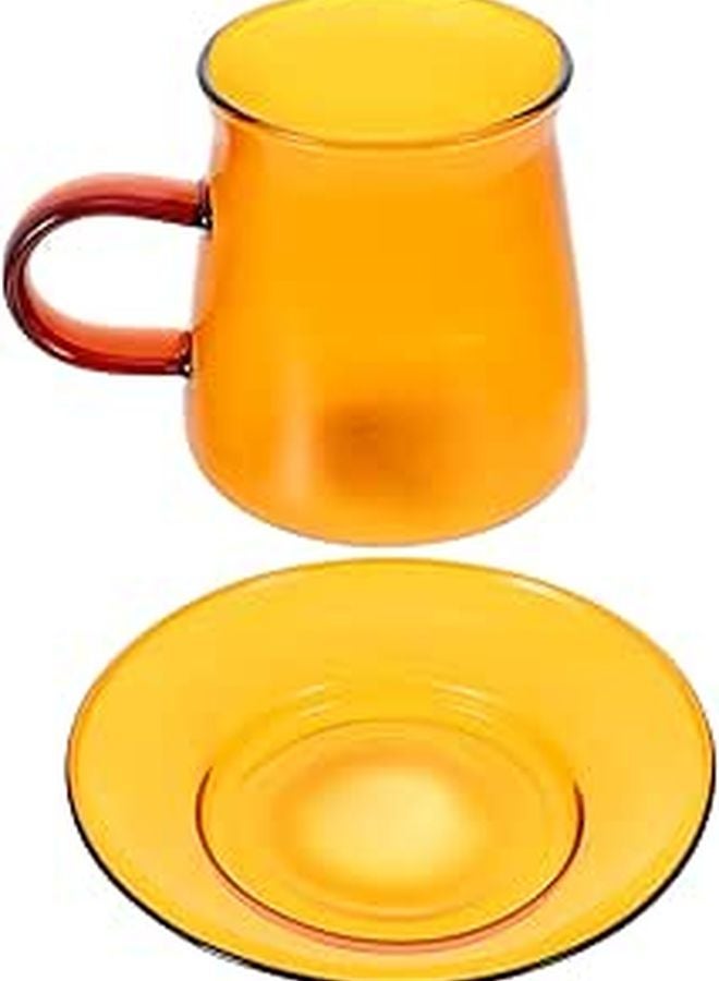 Vintage Heat Resistant 300ml Amber Glass Coffee Cup and Saucer Set for Home Office - Image 1