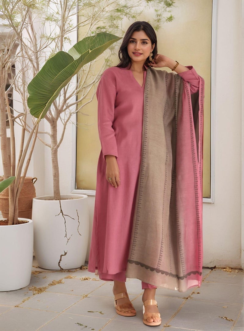 GoSriKi Women's Silk Blend Straight Solid Kurta with Pant & Dupatta - Image 1