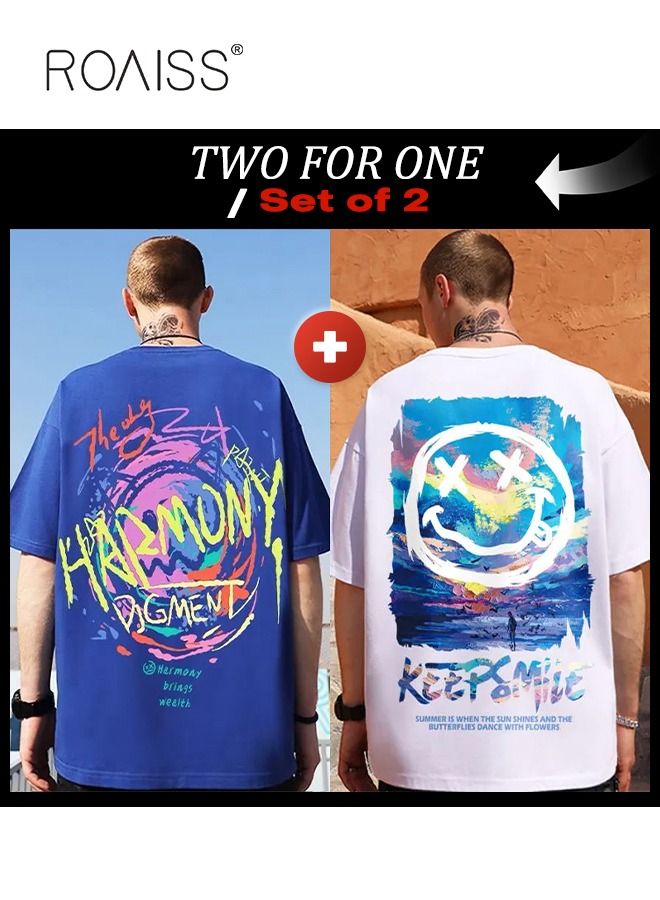 roaiss 2Pcs Men's T-shirt Loose Version Trendy All-Match Pattern Printing Short Sleeves  - Image 1