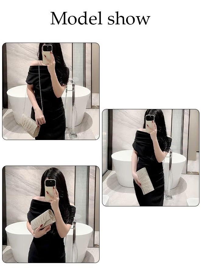 Women's Shiny Evening Clutch Envelope Handbag Chain Wallet Crossbody Bag Suitable for Wedding Formal Cocktail Party Women's Bag  Dinner Pleated Shiny High-end Dress Clutch  - Image 2