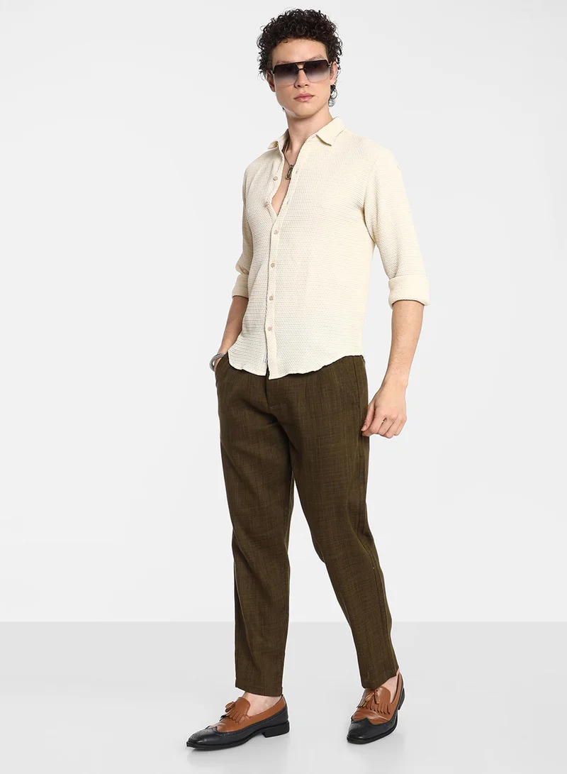 كامبوس سوترا Men's Ivory White Weave-Textured Shirt