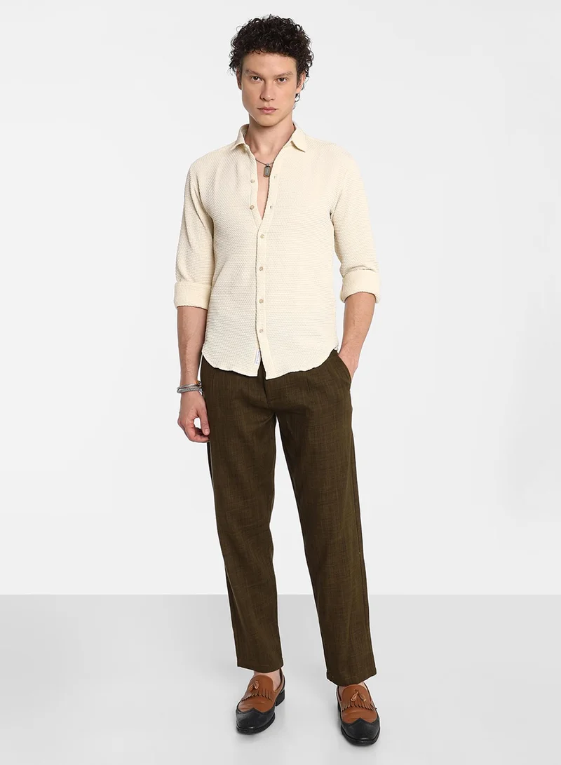 كامبوس سوترا Men's Ivory White Weave-Textured Shirt