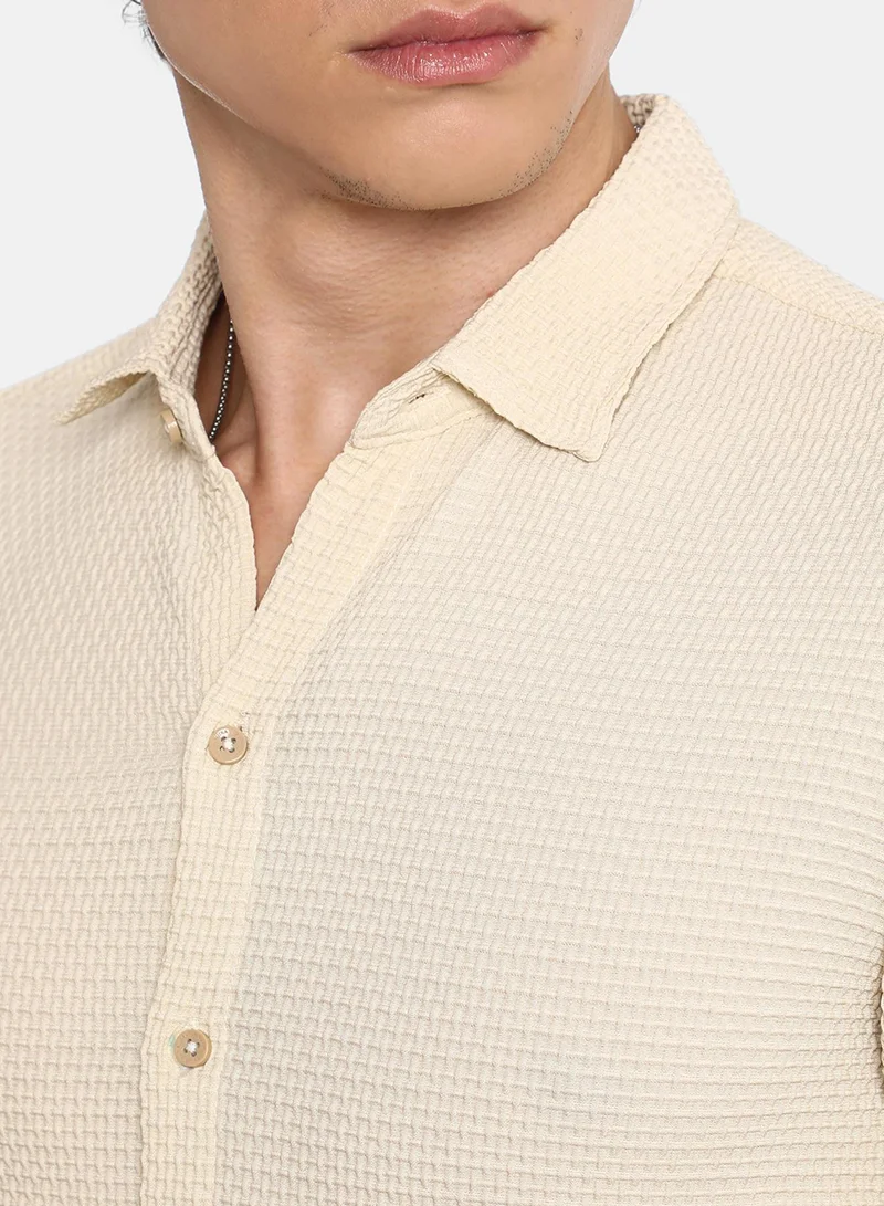 كامبوس سوترا Men's Ivory White Weave-Textured Shirt