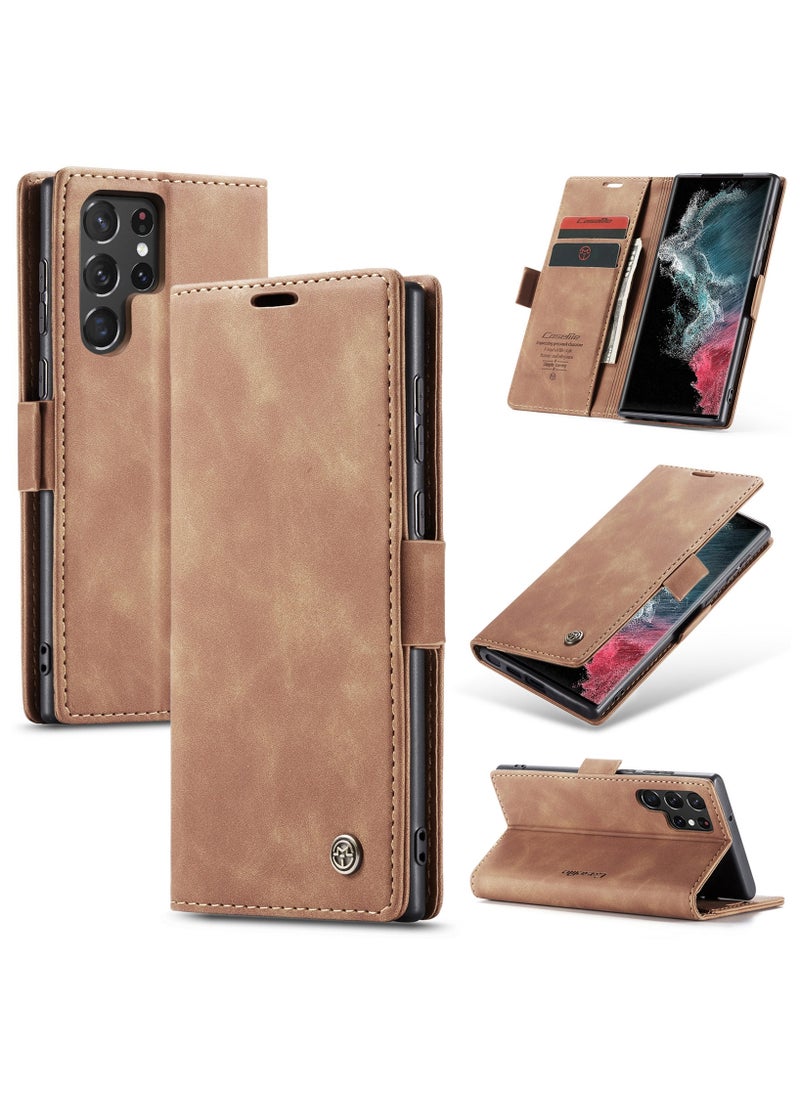 CaseMe CaseMe Samsung Galaxy S22 Ultra Case Wallet, for Samsung Galaxy S22 Ultra Wallet Case Book Folding Flip Folio Case with Magnetic Kickstand Card Slots Protective Cover - Brown  - Image 1
