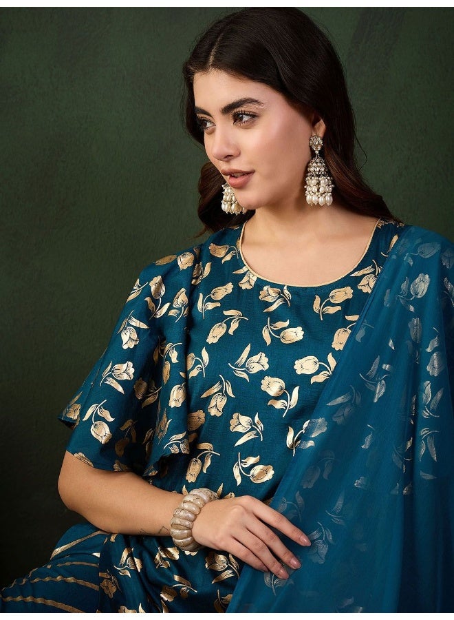 AKS Blue Gold Print Sharara Kurta With Dupattta  - Image 2