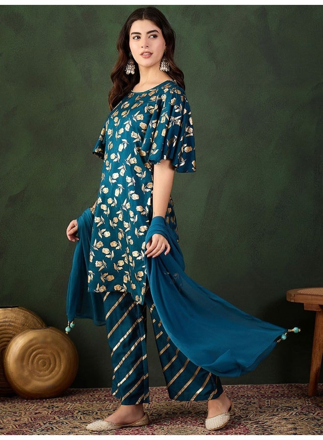 AKS Blue Gold Print Sharara Kurta With Dupattta  - Image 5