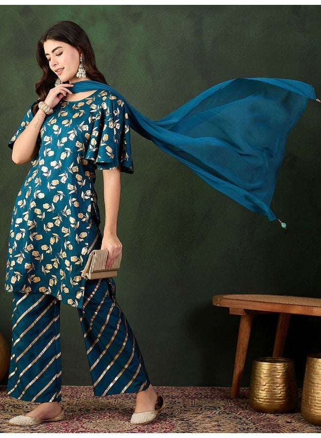 AKS Blue Gold Print Sharara Kurta With Dupattta  - Image 1