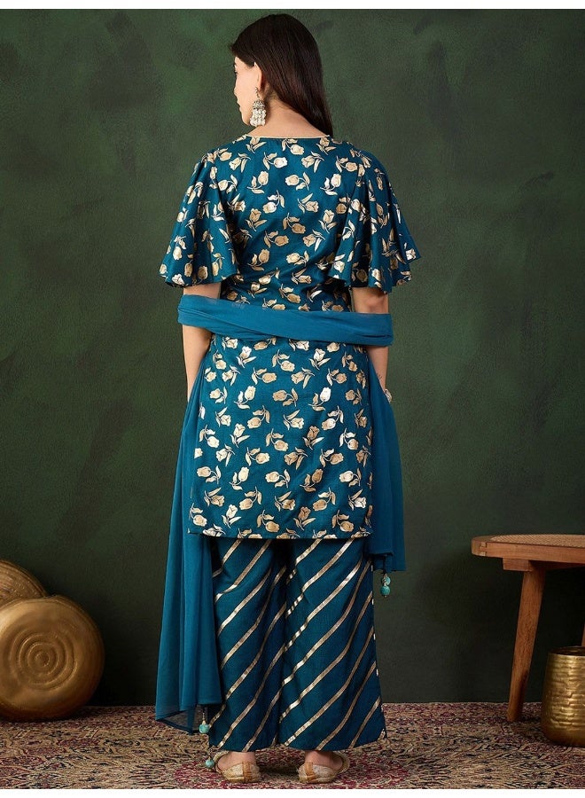 AKS Blue Gold Print Sharara Kurta With Dupattta  - Image 4