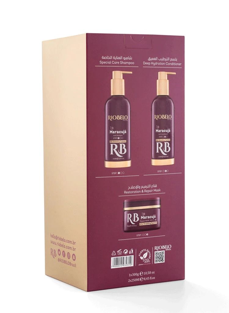 RIOBELO Hair Care Products, Maracujá Brazilian Hair Care Routine after Protein Hair Treatment for Curly & Normal Hair by RIOBELO Professional Real - 3 Steps Home Care Kit - Image 3
