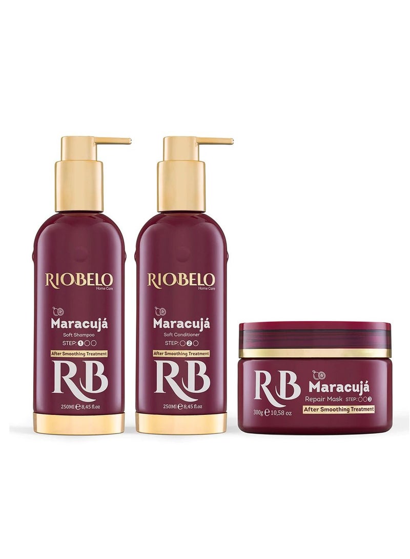 RIOBELO Hair Care Products, Maracujá Brazilian Hair Care Routine after Protein Hair Treatment for Curly & Normal Hair by RIOBELO Professional Real - 3 Steps Home Care Kit - Image 1