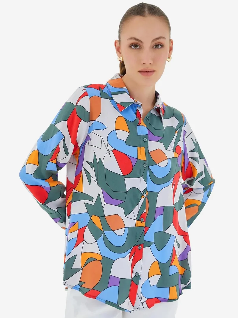 Big Dart Khaki Green BDART Patterned Long Sleeve Shirt for Women | Best Price UAE