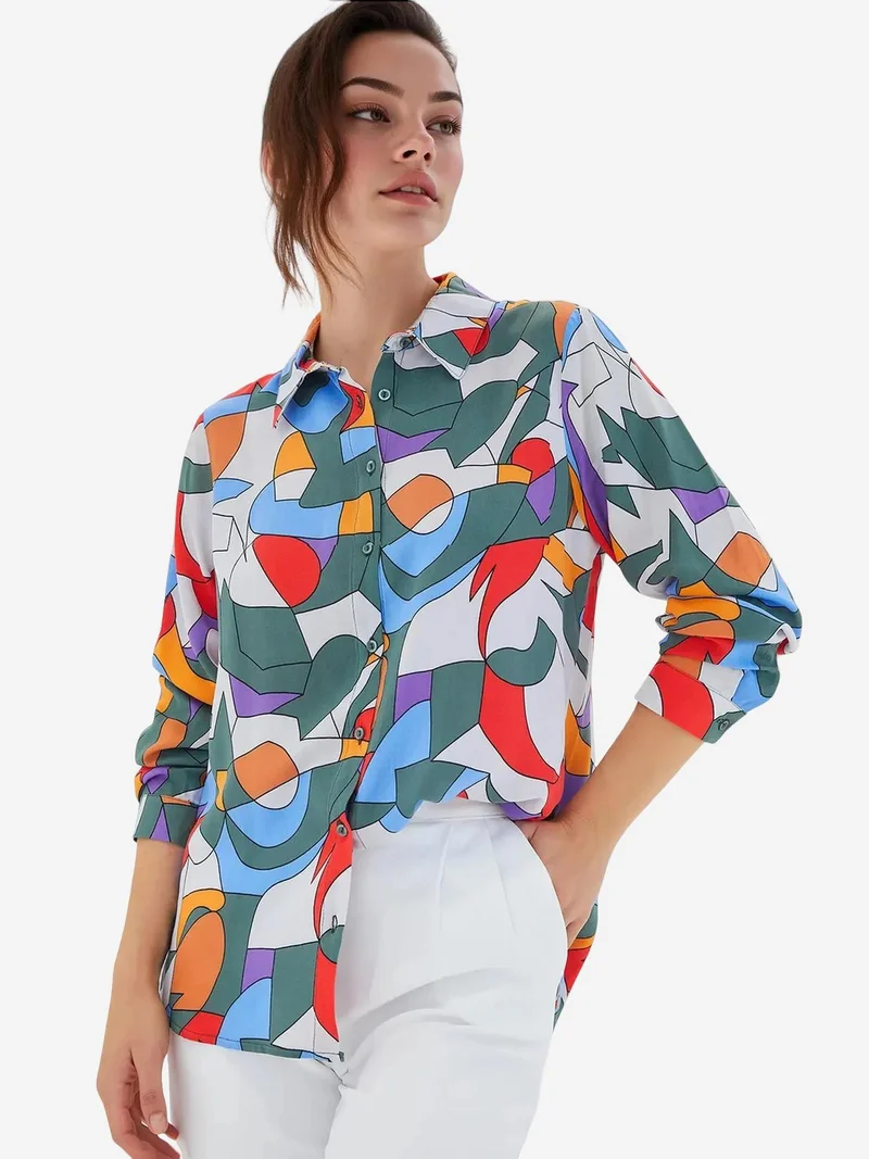 Big Dart Khaki Green BDART Patterned Long Sleeve Shirt for Women | Best Price UAE