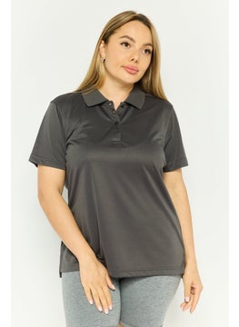 Women Spread Collar Solid Short Sleeves Polo, Grey