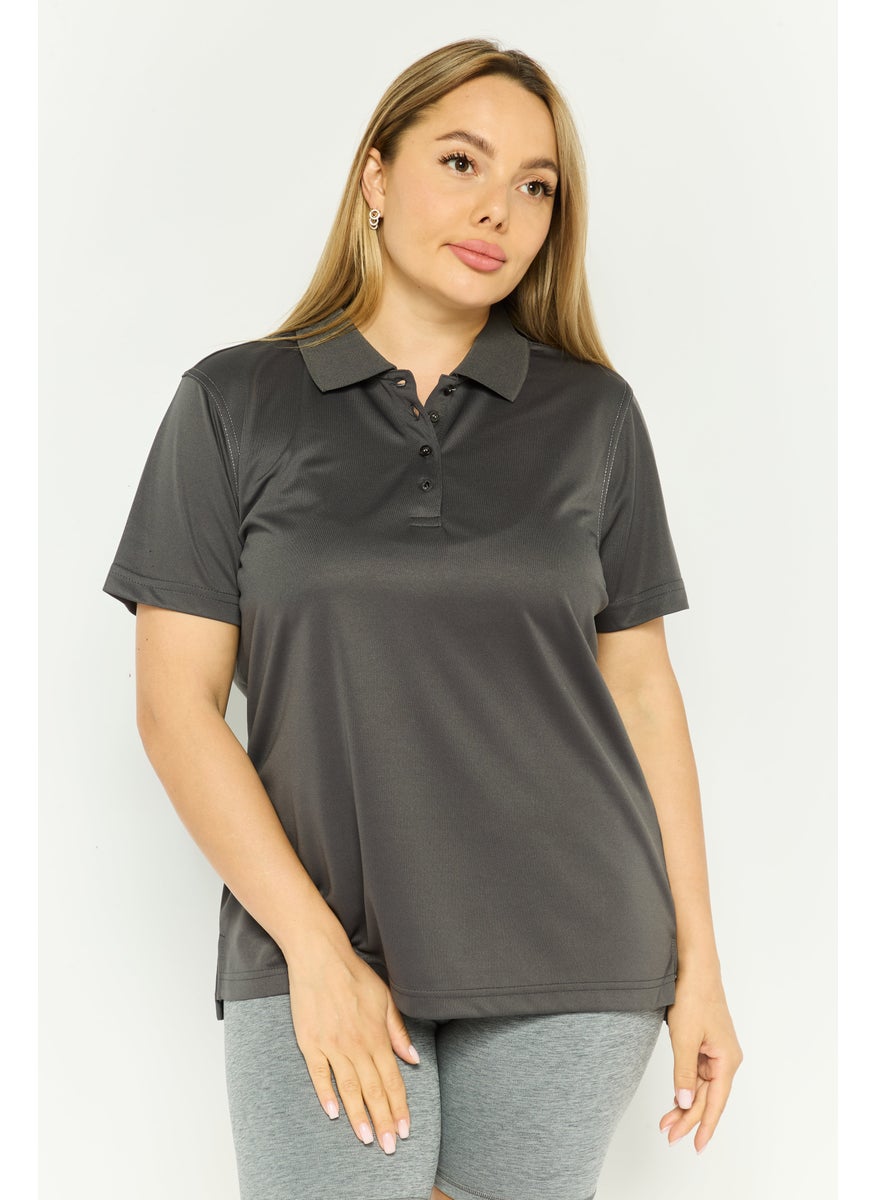 Rhode Island - Women Spread Collar Solid Short Sleeves Polo, Grey - Image 1