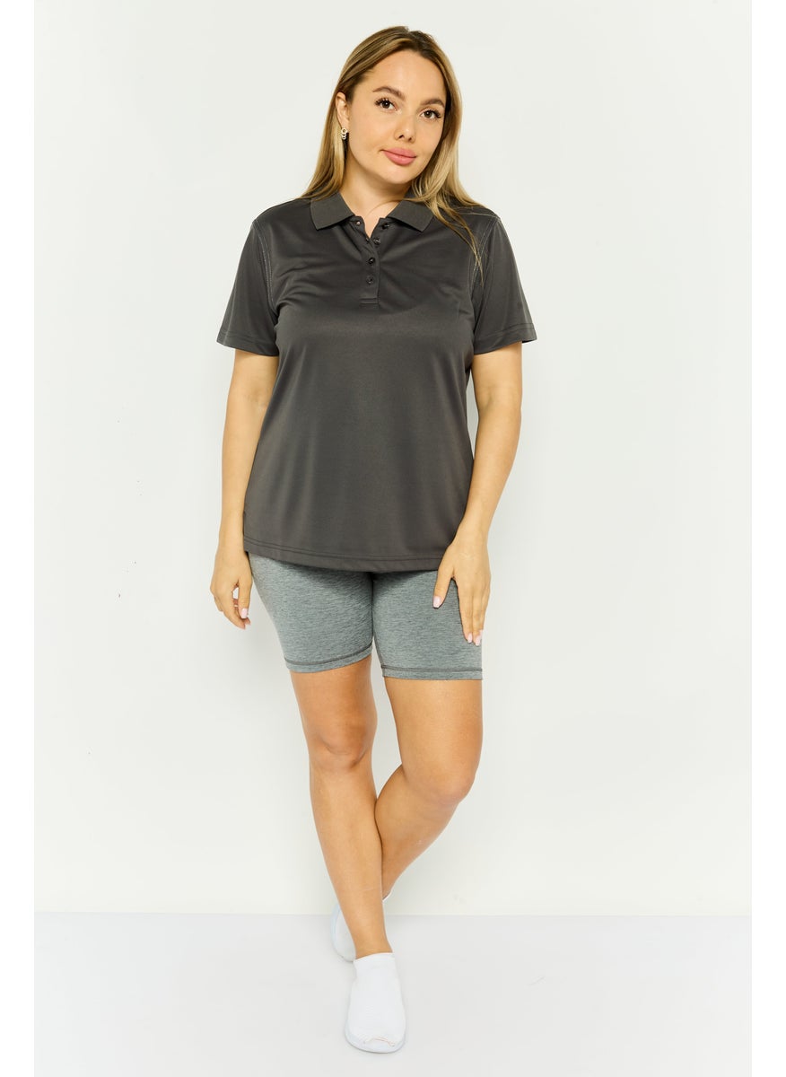 Rhode Island - Women Spread Collar Solid Short Sleeves Polo, Grey - Image 1