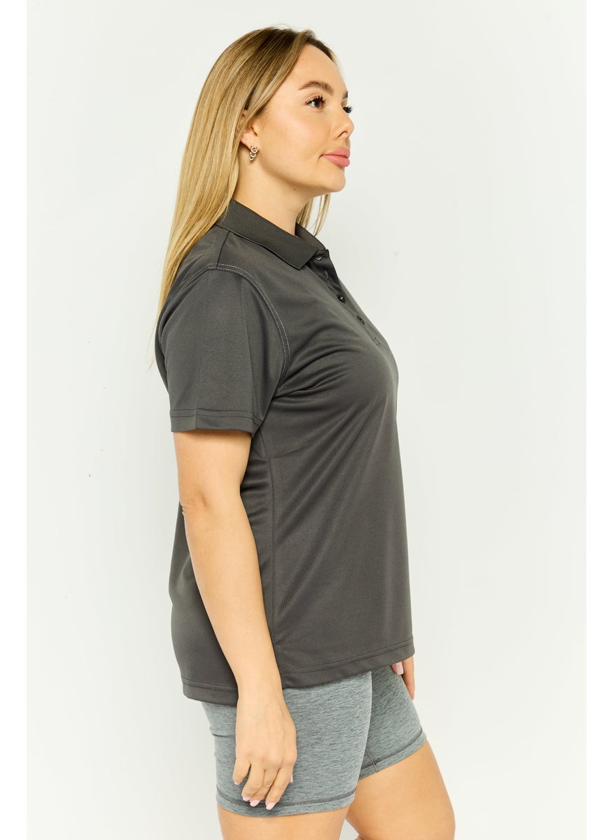 Rhode Island - Women Spread Collar Solid Short Sleeves Polo, Grey - Image 1