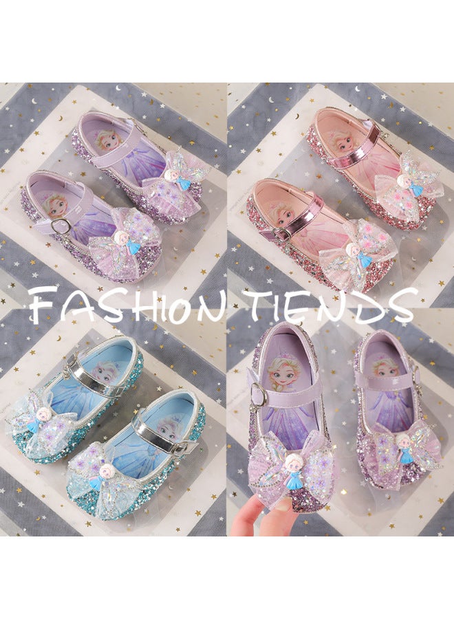 Girls' Shiny Elsa Performance Mermaid Princess Shoes, New Spring/autumn Style, Mesh Bow Cartoon Doll Leather Shoes, Single Shoes - Image 2