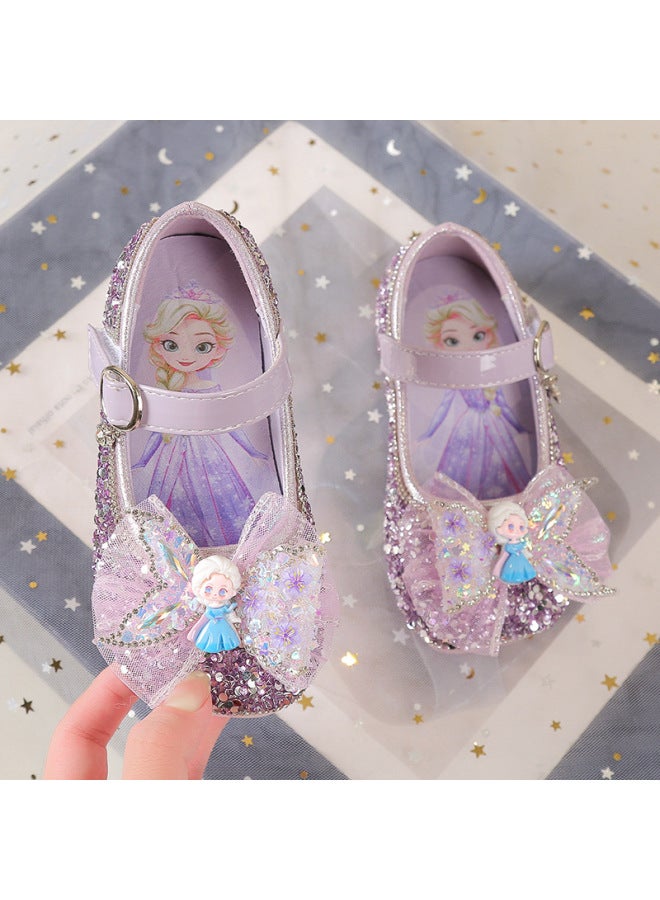Girls' Shiny Elsa Performance Mermaid Princess Shoes, New Spring/autumn Style, Mesh Bow Cartoon Doll Leather Shoes, Single Shoes - Image 3