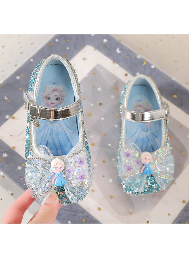 Girls' Shiny Elsa Performance Mermaid Princess Shoes, New Spring/autumn Style, Mesh Bow Cartoon Doll Leather Shoes, Single Shoes - Image 4