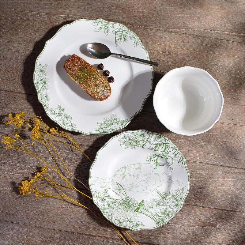 222 Fifth 12-Piece Porcelain Dinnerware Set for 4, Elegant Floral Plates and Bowls Sets-White/Green Ceramic Dishes, Chip Resistant Kitchen & Dining Dish Set, Microwave & Dishwasher Safe, Hudson Valley - Image 3