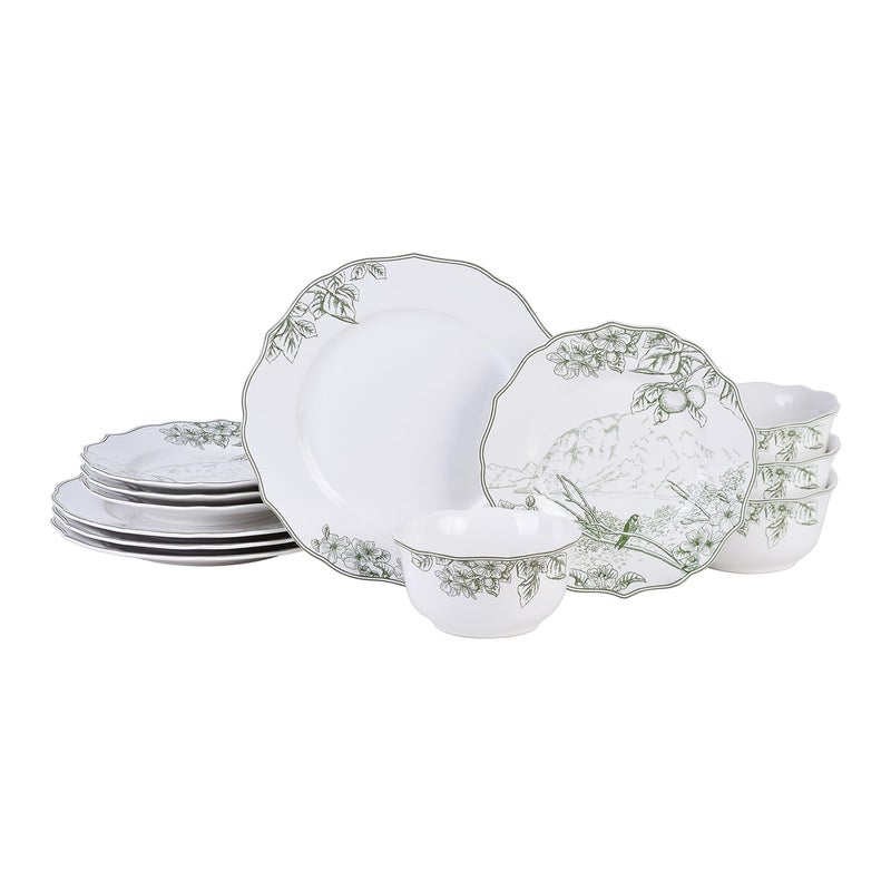 222 Fifth 12-Piece Porcelain Dinnerware Set for 4, Elegant Floral Plates and Bowls Sets-White/Green Ceramic Dishes, Chip Resistant Kitchen & Dining Dish Set, Microwave & Dishwasher Safe, Hudson Valley - Image 1