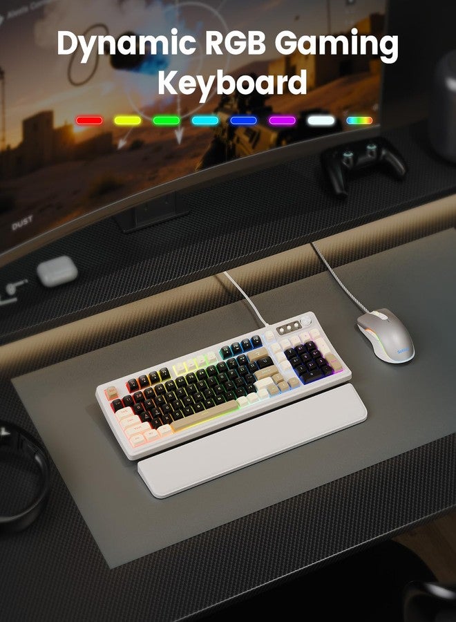 SABLUTE Wired Gaming Keyboard and Mouse, RGB Backlit Mechanical Feel PC Gaming Keyboards Multimedia Knob& Anti-Ghosting Ergonomic Premium Leather Wrist Rest for Game (White) - Image 2