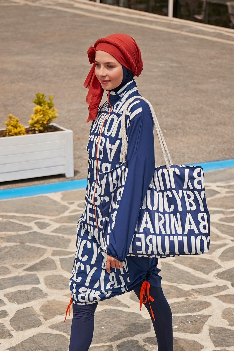 Marina Parachute Lettered Navy Blue Fully Covered Hijab Swimsuit M2301-1  - Image 1