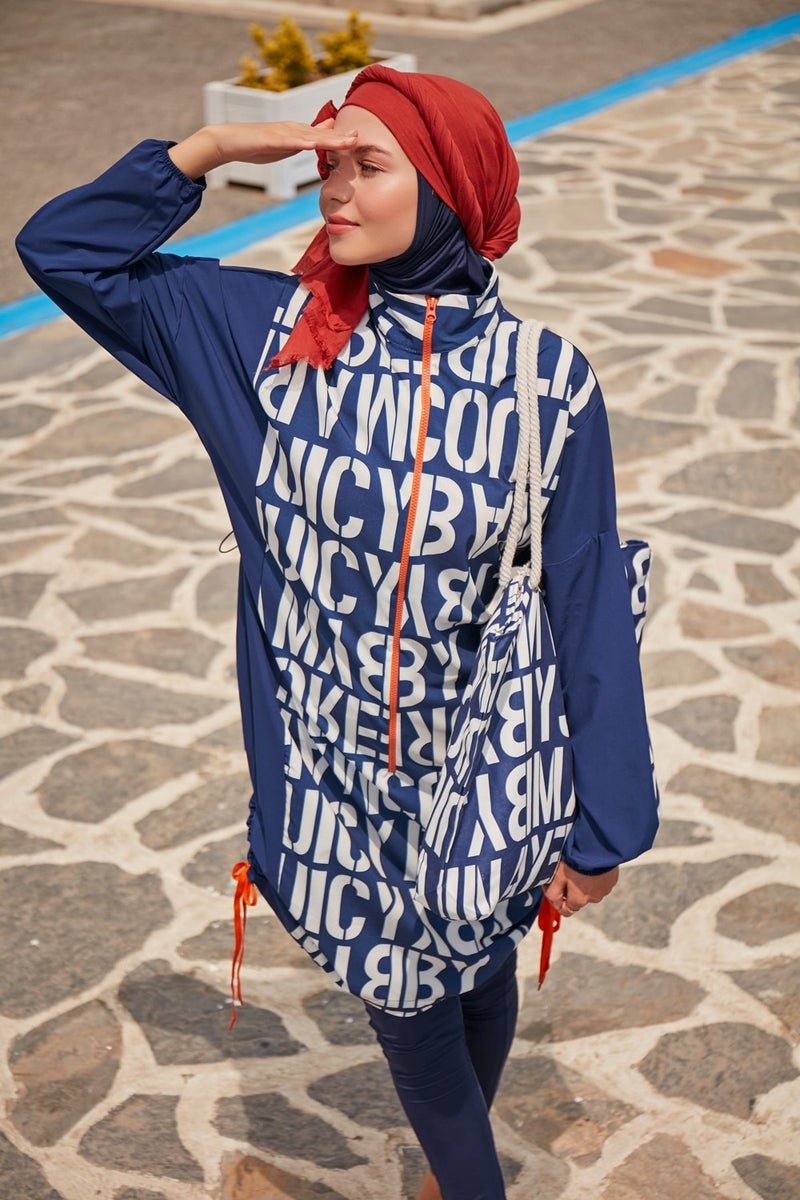 Marina Parachute Lettered Navy Blue Fully Covered Hijab Swimsuit M2301-1  - Image 2