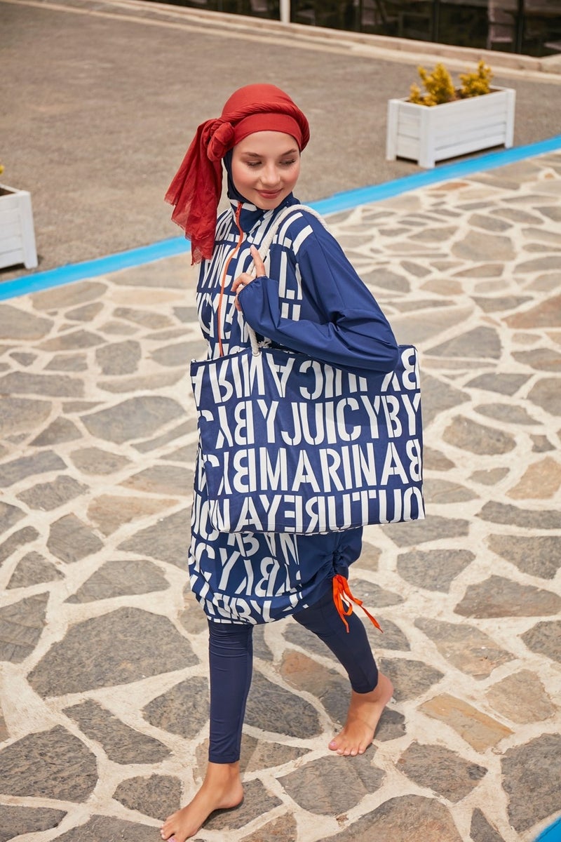 Marina Parachute Lettered Navy Blue Fully Covered Hijab Swimsuit M2301-1  - Image 3